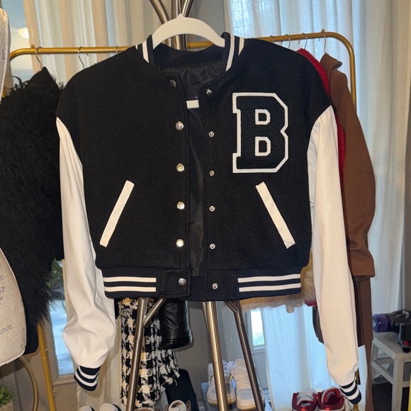 Love Tree Black & White Varsity Jacket B letterman snap closure bomber cropped S - Picture 11 of 12